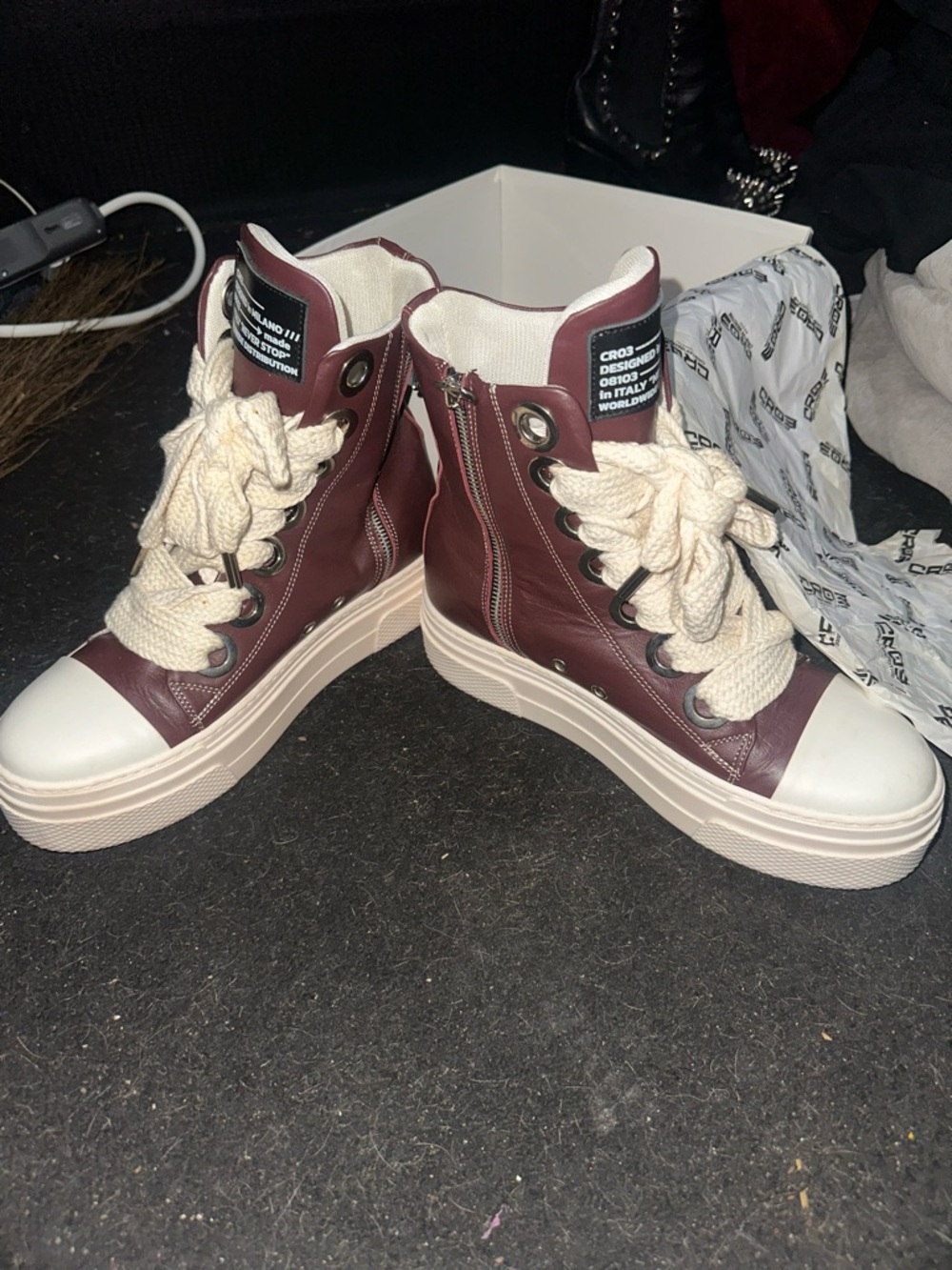 High-Top Platform Sneakers in Burgundy and Cream by